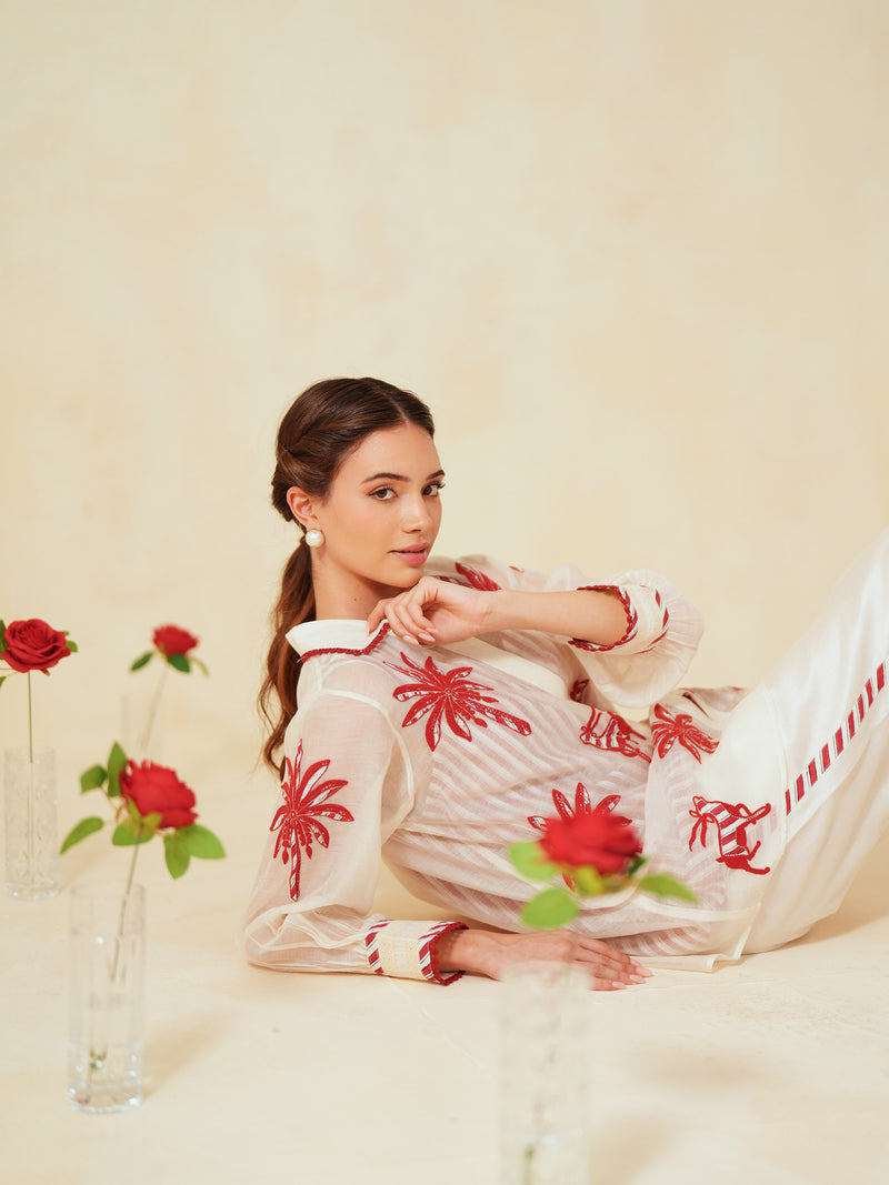 RED AND OFF-WHITE COTTON CHANDERI EMBROIDERED SHIRT AND PANT CO-ORD SET