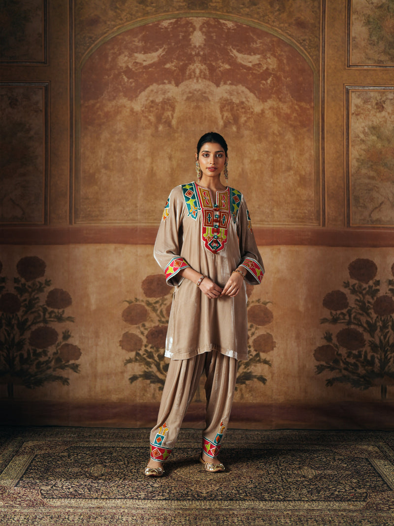 LIGHT SAND  SHORT VELVET KURTA WITH SALWAR AND DUPATTA