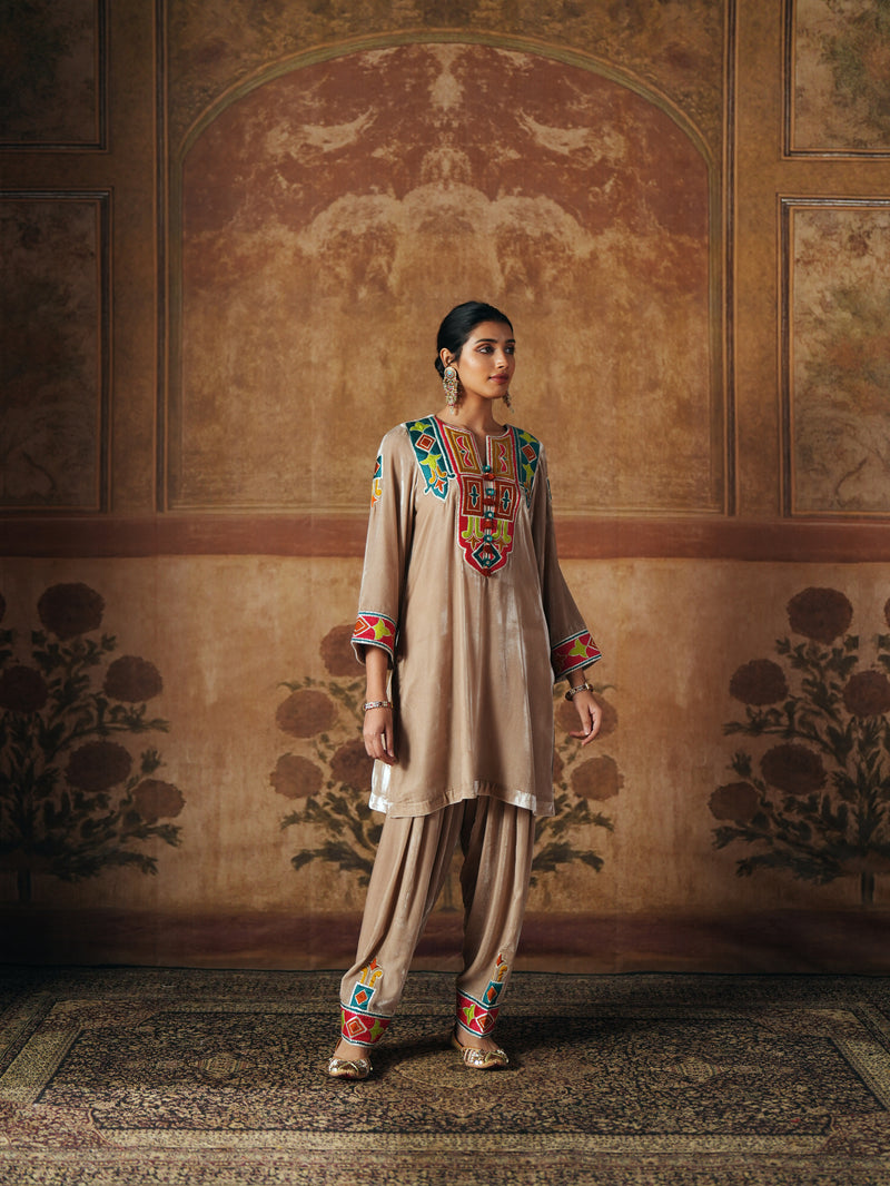 LIGHT SAND  SHORT VELVET KURTA WITH SALWAR AND DUPATTA