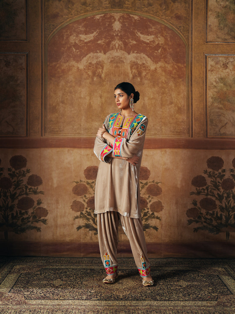 LIGHT SAND  SHORT VELVET KURTA WITH SALWAR AND DUPATTA