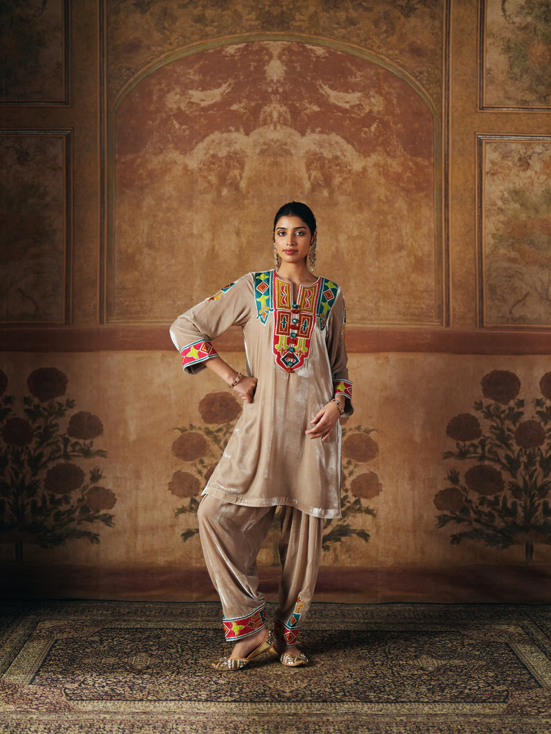 LIGHT SAND  SHORT VELVET KURTA WITH SALWAR AND DUPATTA
