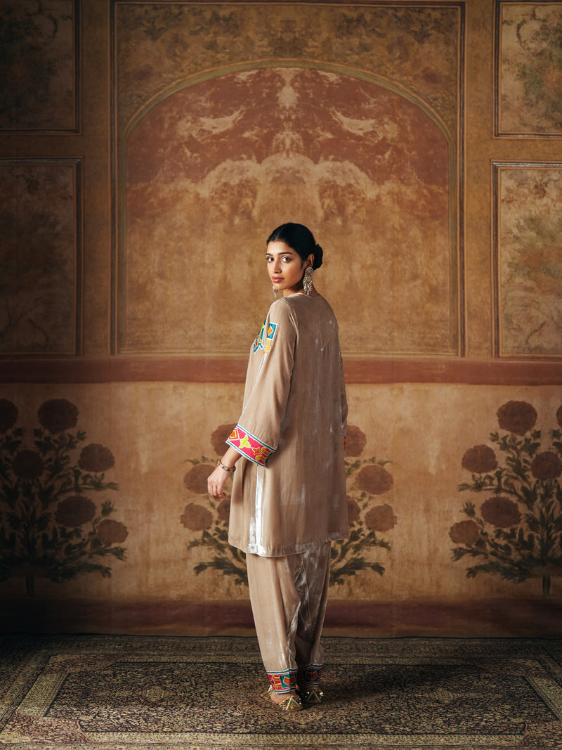 LIGHT SAND  SHORT VELVET KURTA WITH SALWAR AND DUPATTA