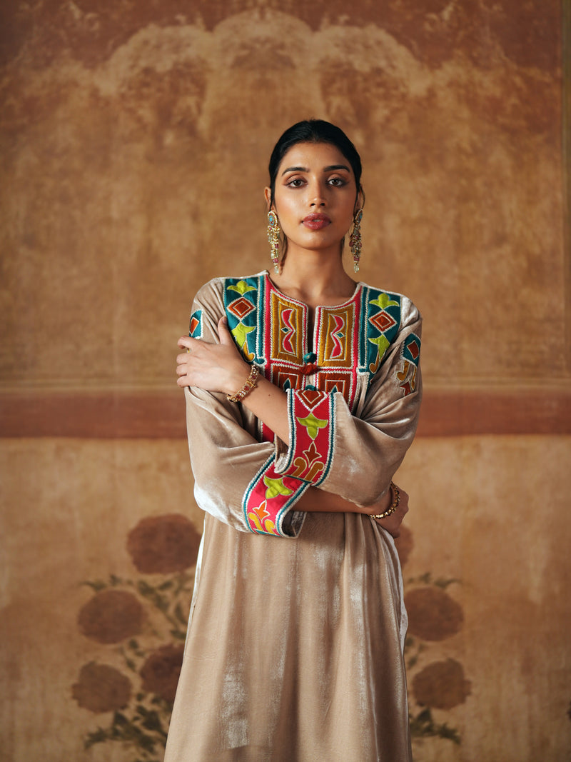 LIGHT SAND  SHORT VELVET KURTA WITH SALWAR AND DUPATTA