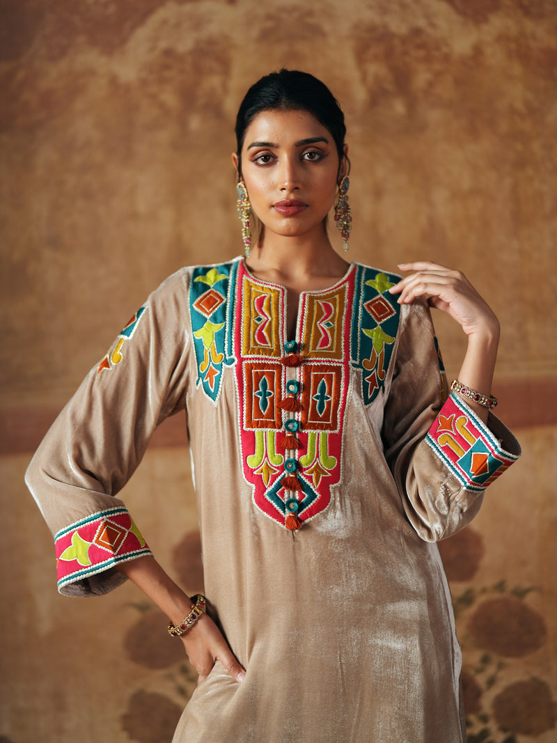 LIGHT SAND  SHORT VELVET KURTA WITH SALWAR AND DUPATTA