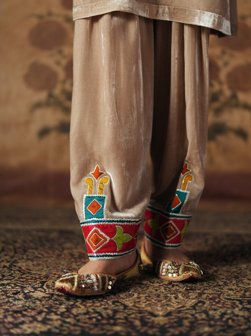 LIGHT SAND  SHORT VELVET KURTA WITH SALWAR AND DUPATTA