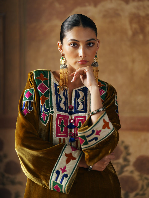 DEEP OLIVE SHORT VELVET KURTA WITH SALWAR AND DUPATTA