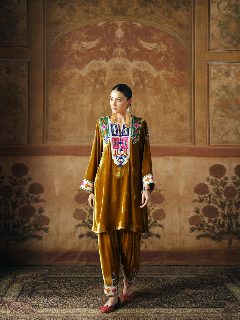 DEEP OLIVE SHORT VELVET KURTA WITH SALWAR AND DUPATTA