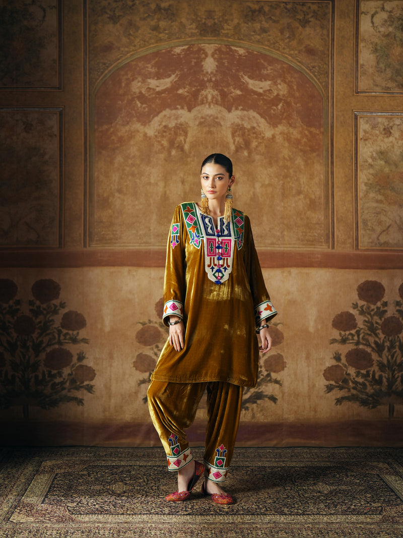 DEEP OLIVE SHORT VELVET KURTA WITH SALWAR AND DUPATTA