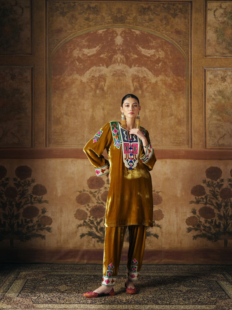 DEEP OLIVE SHORT VELVET KURTA WITH SALWAR AND DUPATTA