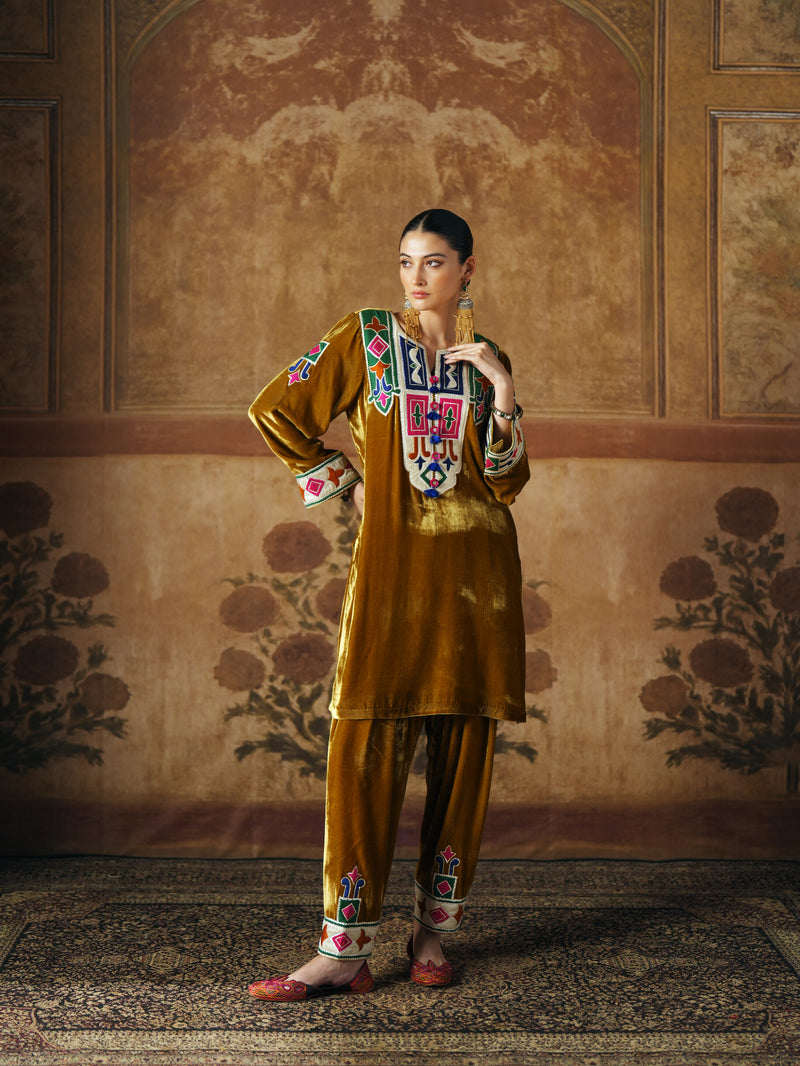 DEEP OLIVE SHORT VELVET KURTA WITH SALWAR AND DUPATTA