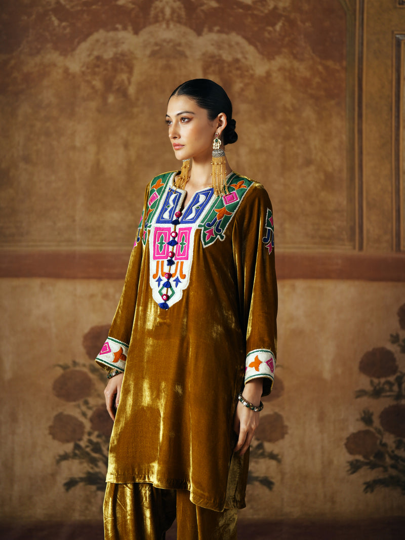 DEEP OLIVE SHORT VELVET KURTA WITH SALWAR AND DUPATTA