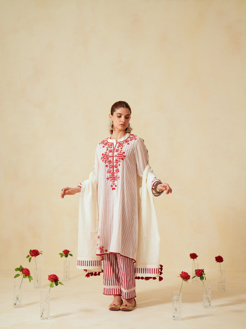 RED AND OFF-WHITE EASY FIT BOX-PLEATED KURTA WITH PANT