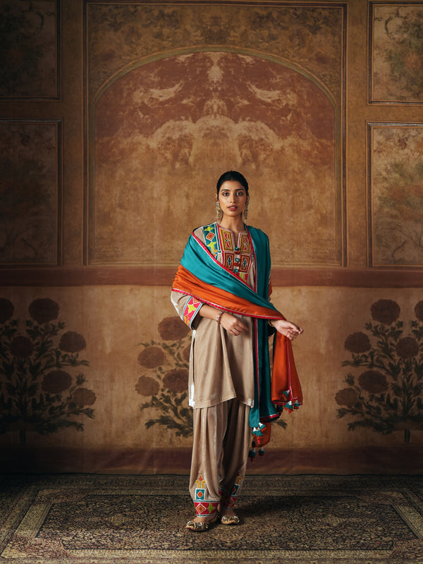 LIGHT SAND  SHORT VELVET KURTA WITH SALWAR AND DUPATTA