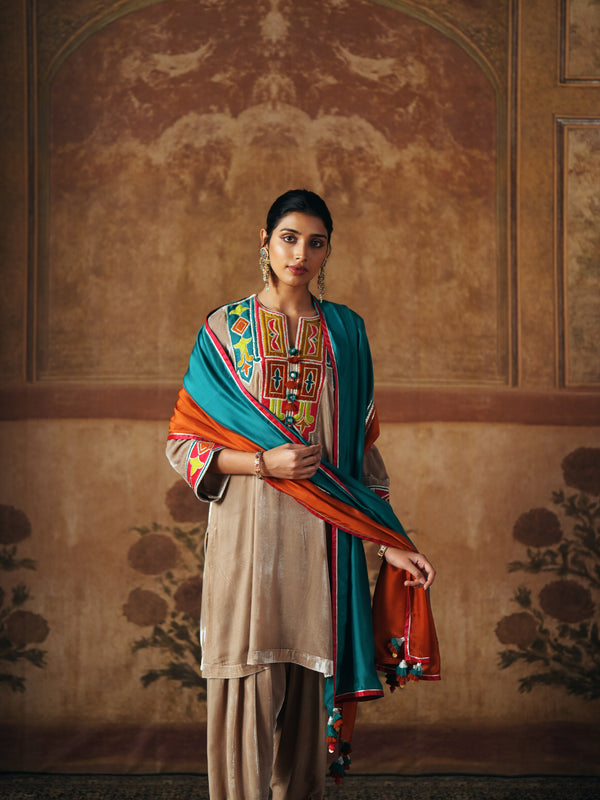 LIGHT SAND  SHORT VELVET KURTA WITH SALWAR AND DUPATTA
