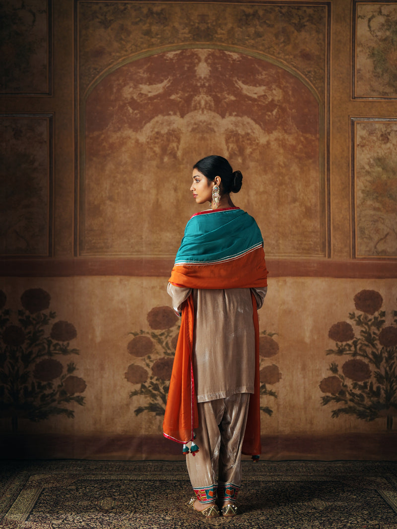 LIGHT SAND  SHORT VELVET KURTA WITH SALWAR AND DUPATTA