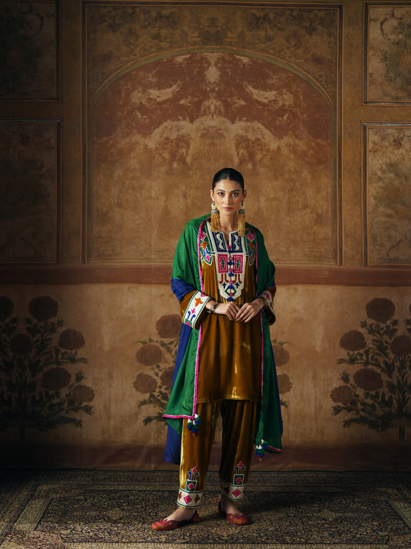 DEEP OLIVE SHORT VELVET KURTA WITH SALWAR AND DUPATTA