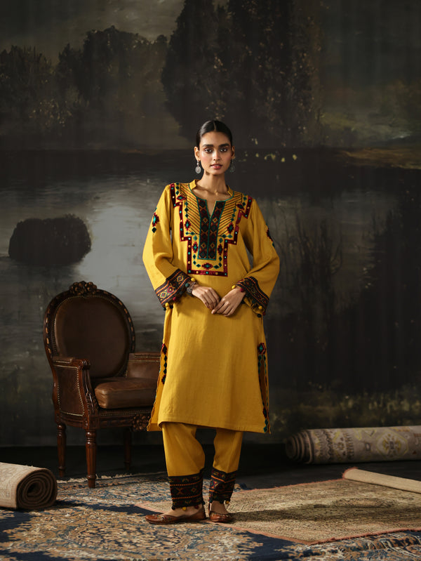 Yellow Pashmina A-line Kurta with Salwar and Shawl- Set of 3