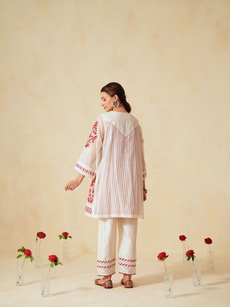 RED  AND OFF-WHITE COTTON CHANDERI SHORT A-LINE KURTA WITH PANT