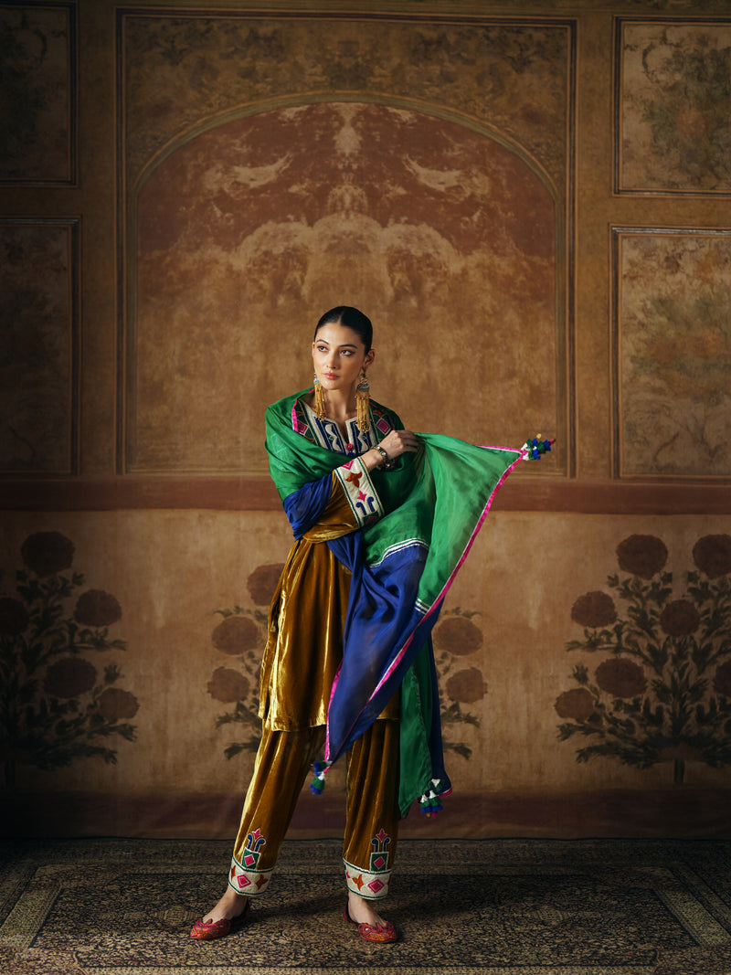 DEEP OLIVE SHORT VELVET KURTA WITH SALWAR AND DUPATTA