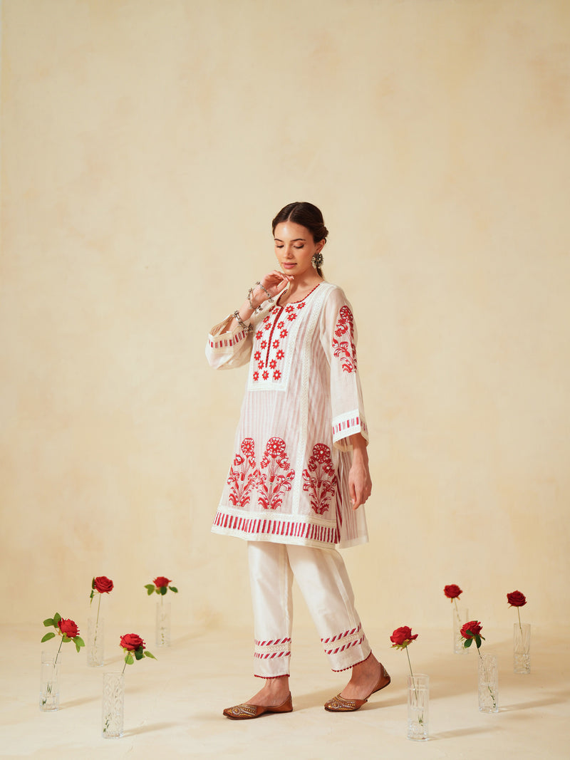RED  AND OFF-WHITE COTTON CHANDERI SHORT A-LINE KURTA WITH PANT