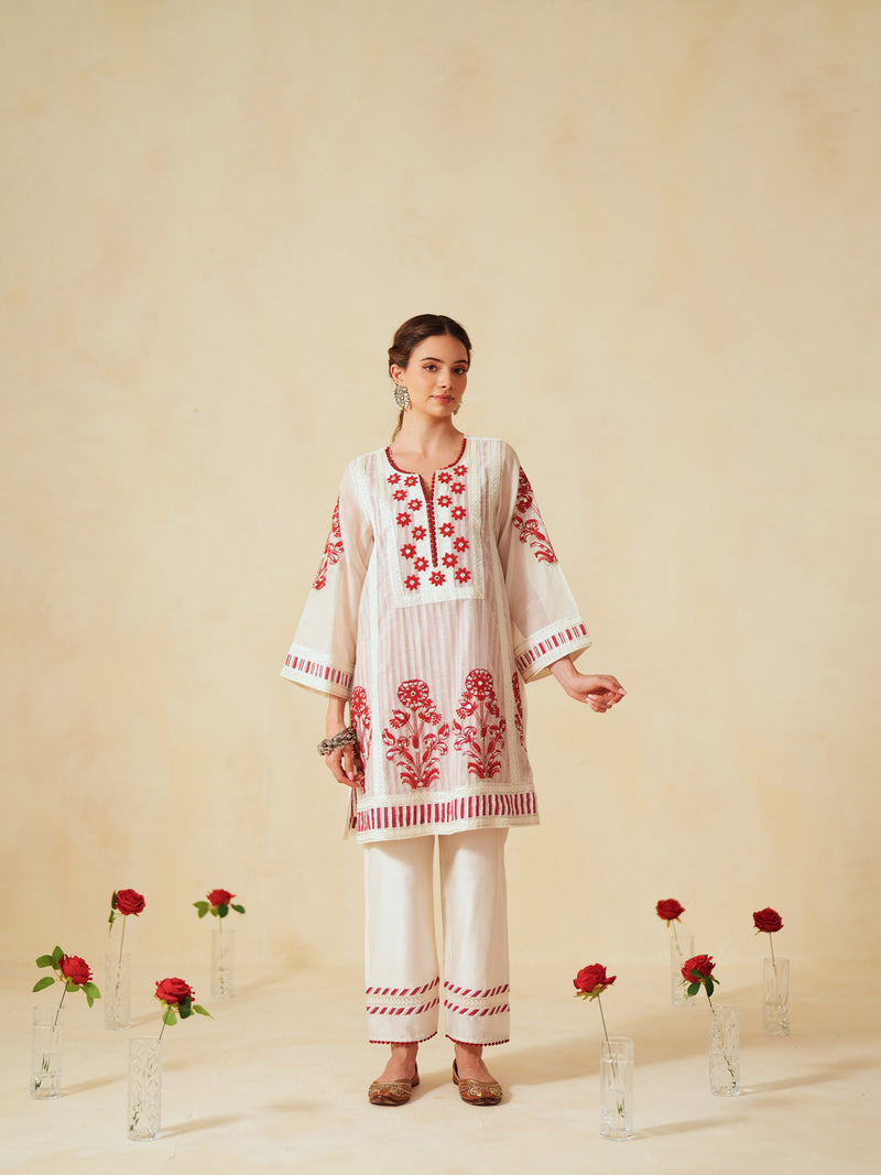 RED  AND OFF-WHITE COTTON CHANDERI SHORT A-LINE KURTA WITH PANT