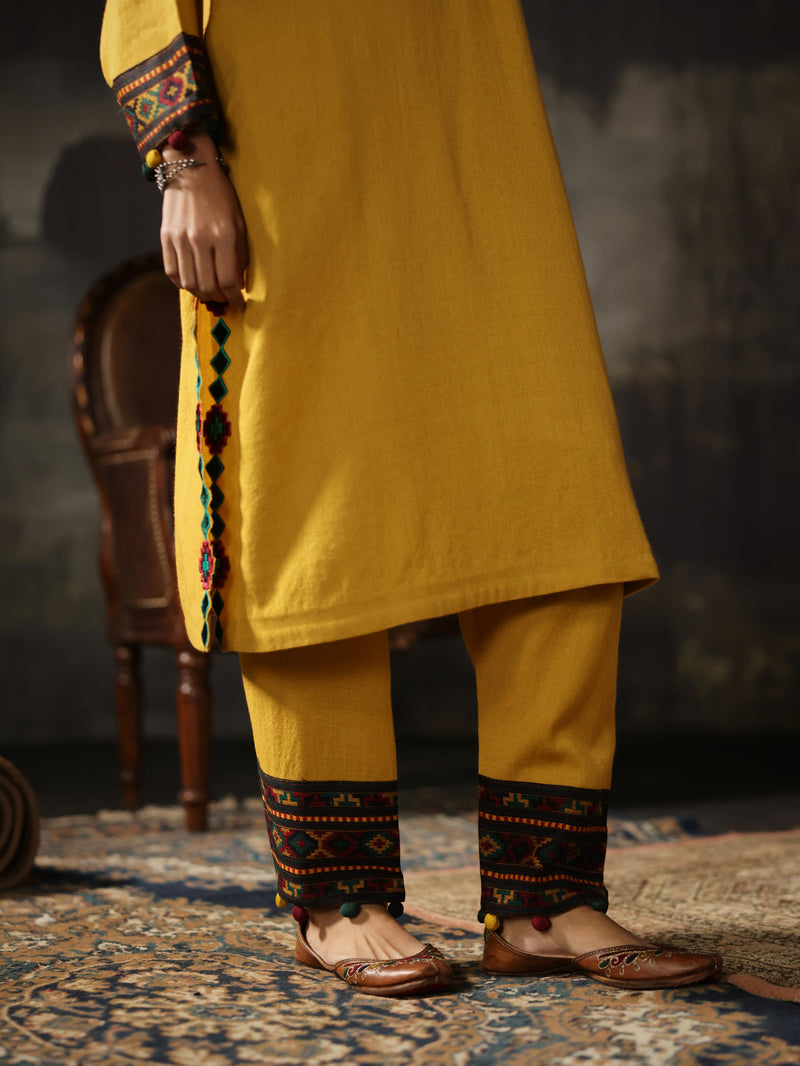 Yellow Pashmina A-line Kurta with Salwar and Shawl- Set of 3