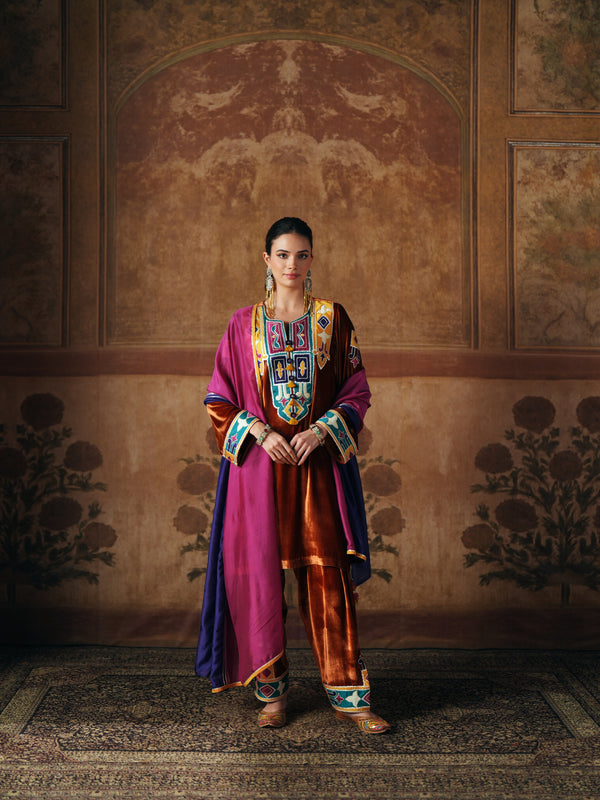 BURNT ORANGE SHORT VELVET KURTA WITH SALWAR AND DUPATTA