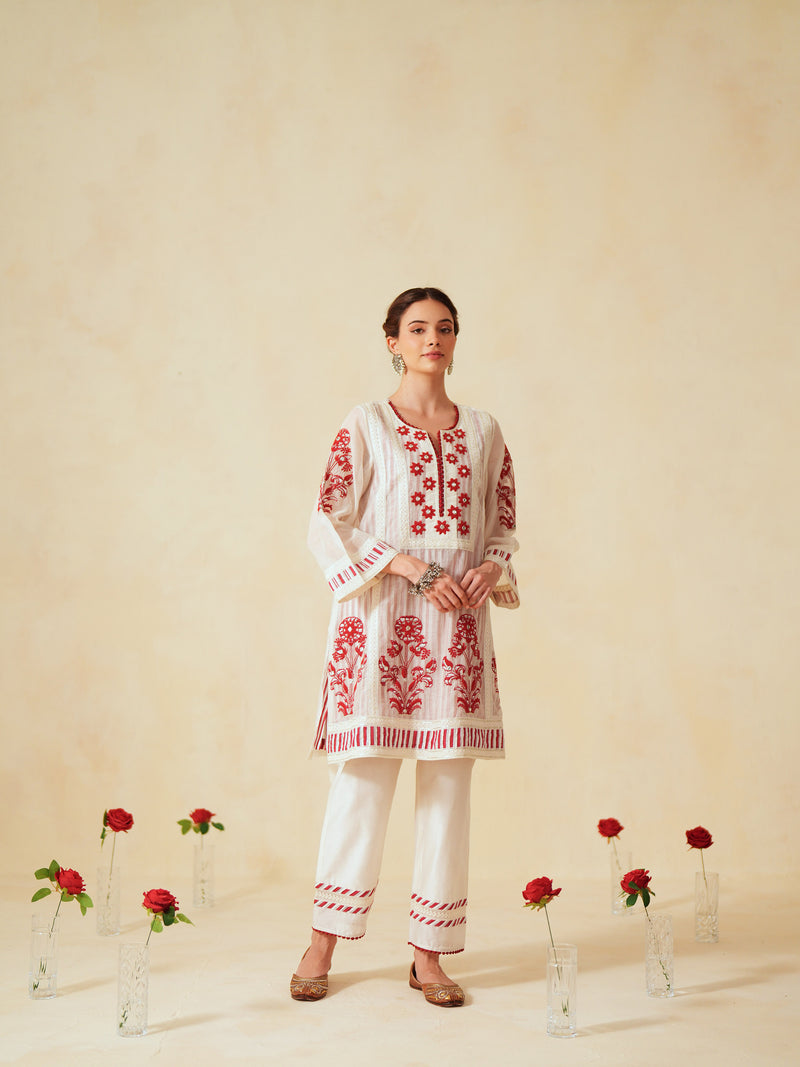 RED  AND OFF-WHITE COTTON CHANDERI SHORT A-LINE KURTA WITH PANT