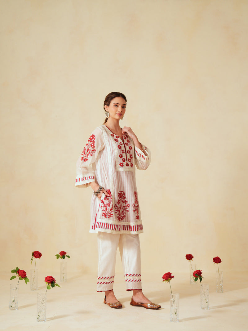 RED  AND OFF-WHITE COTTON CHANDERI SHORT A-LINE KURTA WITH PANT