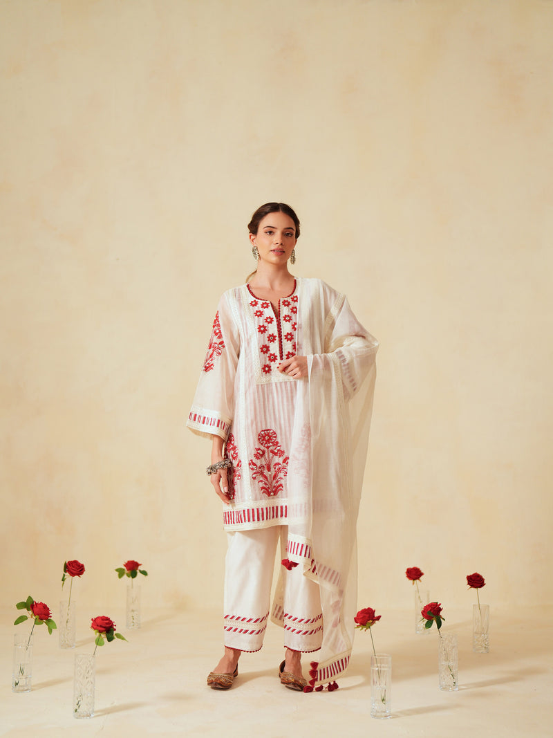 RED  AND OFF-WHITE COTTON CHANDERI SHORT A-LINE KURTA WITH PANT