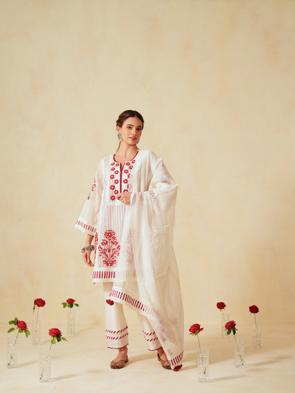 RED  AND OFF-WHITE COTTON CHANDERI SHORT A-LINE KURTA WITH PANT