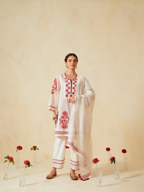 RED  AND OFF-WHITE COTTON CHANDERI SHORT A-LINE KURTA WITH PANT