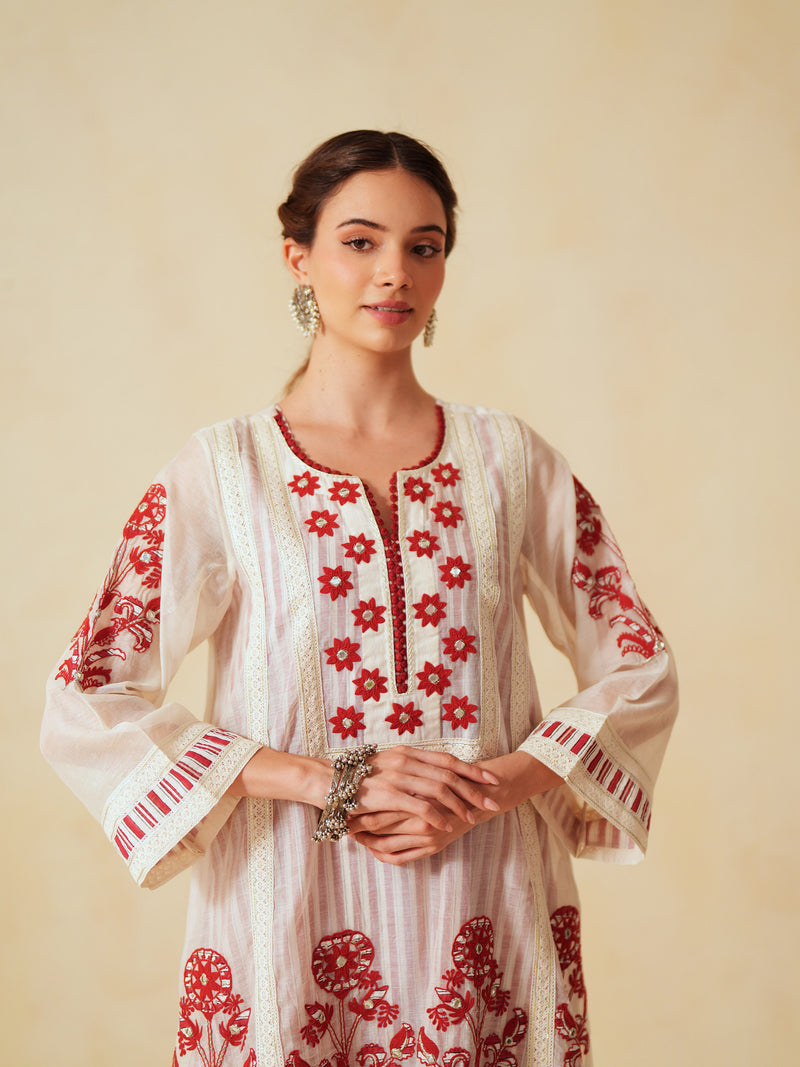 RED  AND OFF-WHITE COTTON CHANDERI SHORT A-LINE KURTA WITH PANT