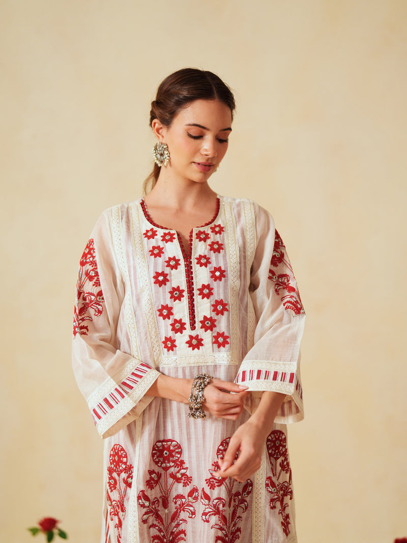 RED  AND OFF-WHITE COTTON CHANDERI SHORT A-LINE KURTA WITH PANT