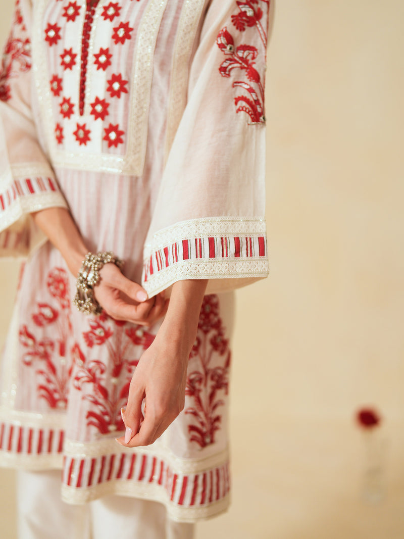 RED  AND OFF-WHITE COTTON CHANDERI SHORT A-LINE KURTA WITH PANT
