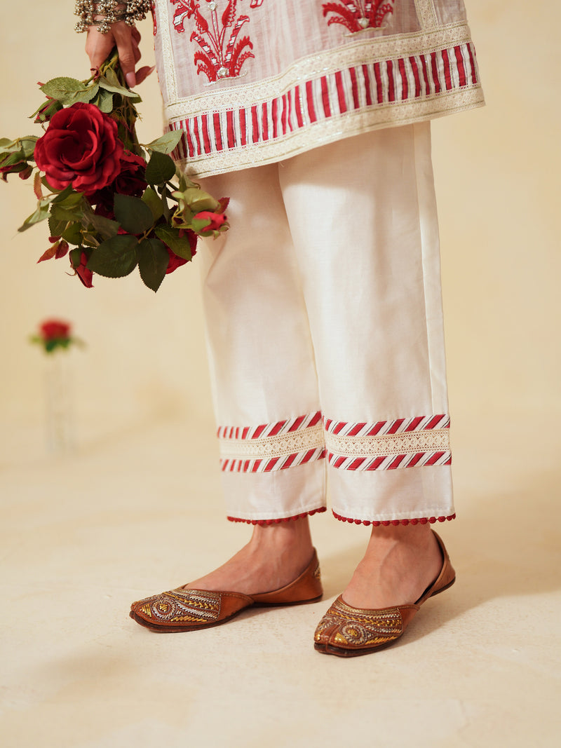RED  AND OFF-WHITE COTTON CHANDERI SHORT A-LINE KURTA WITH PANT