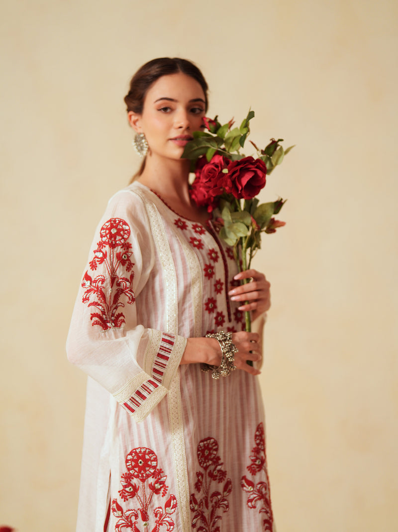 RED  AND OFF-WHITE COTTON CHANDERI SHORT A-LINE KURTA WITH PANT