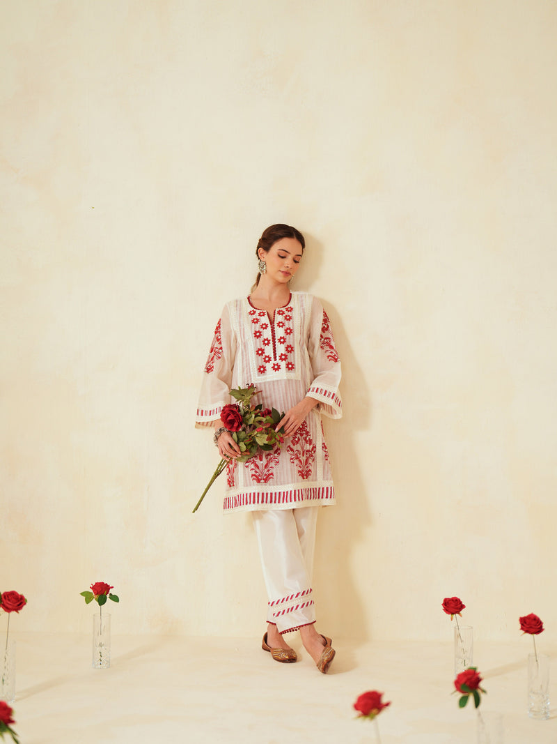 RED  AND OFF-WHITE COTTON CHANDERI SHORT A-LINE KURTA WITH PANT