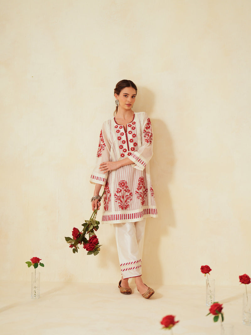 RED  AND OFF-WHITE COTTON CHANDERI SHORT A-LINE KURTA WITH PANT