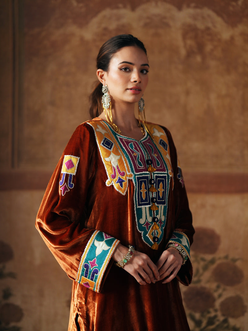 BURNT ORANGE SHORT VELVET KURTA WITH SALWAR AND DUPATTA