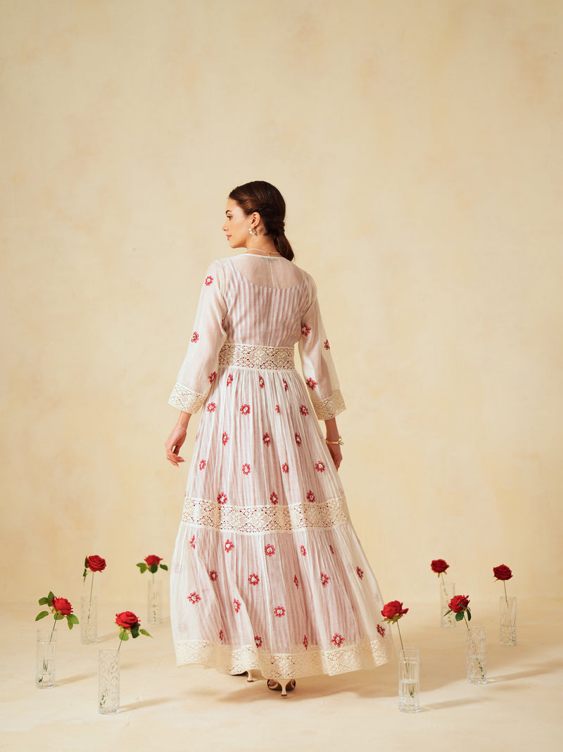 RED AND OFF-WHITE COTTON CHANDERI V-NECK TIERED LONG DRESS
