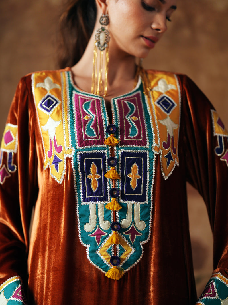 BURNT ORANGE SHORT VELVET KURTA WITH SALWAR AND DUPATTA