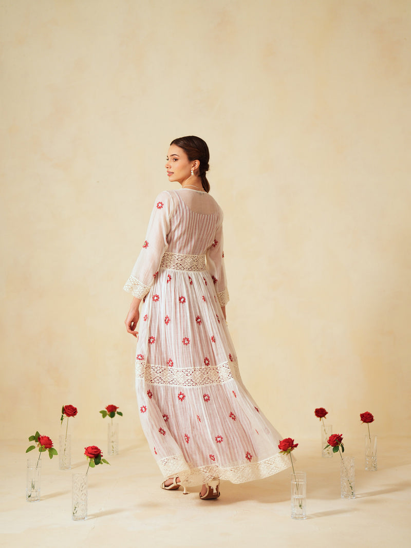 RED AND OFF-WHITE COTTON CHANDERI V-NECK TIERED LONG DRESS