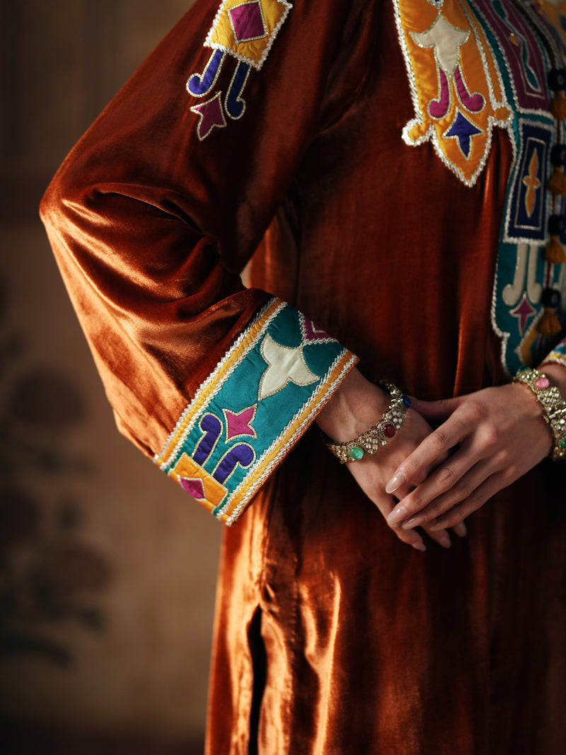 BURNT ORANGE SHORT VELVET KURTA WITH SALWAR AND DUPATTA