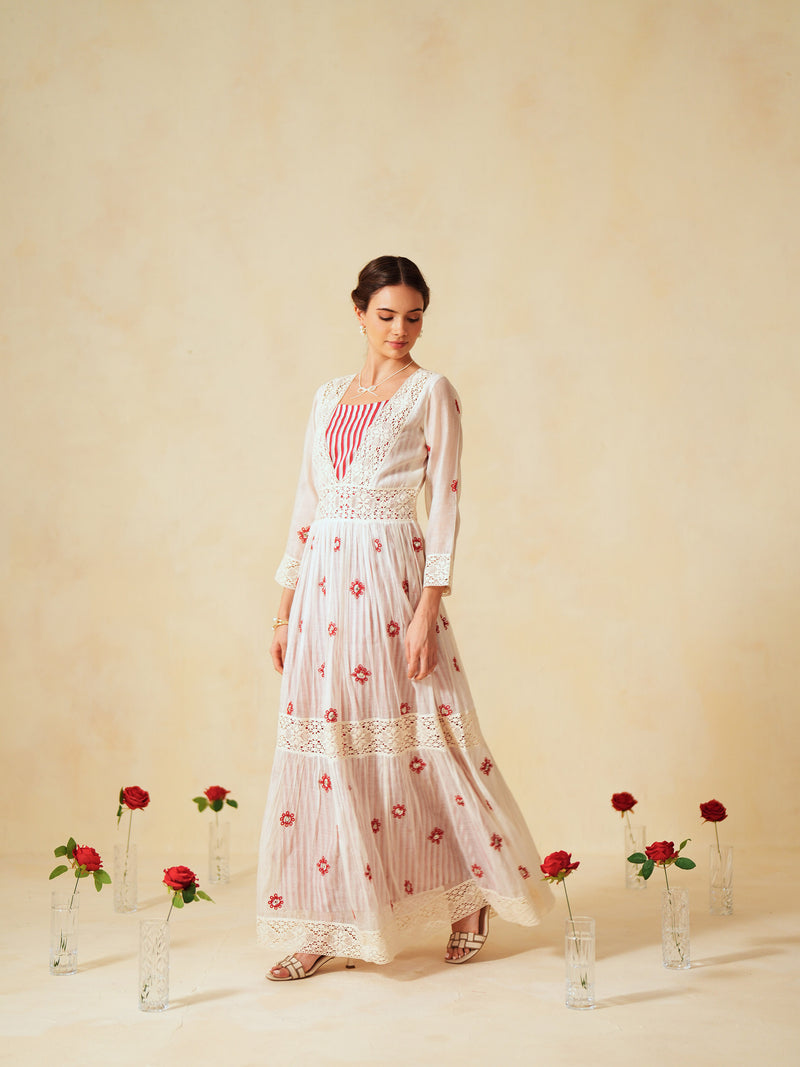 RED AND OFF-WHITE COTTON CHANDERI V-NECK TIERED LONG DRESS