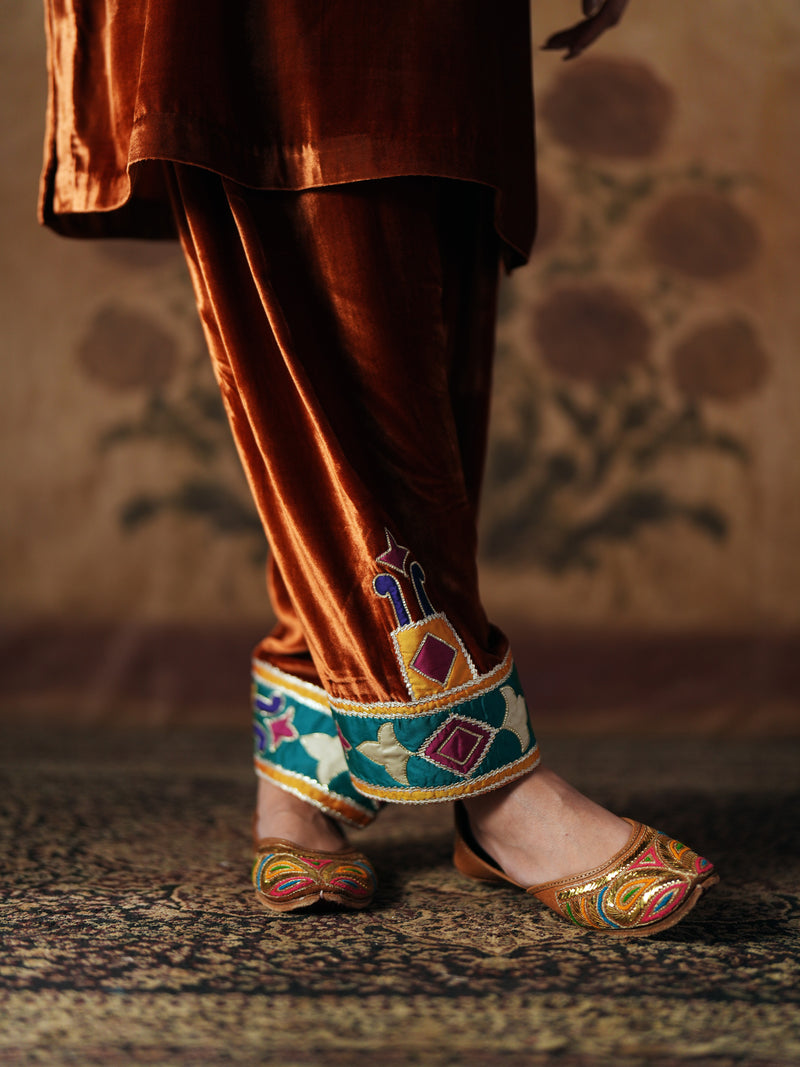 BURNT ORANGE SHORT VELVET KURTA WITH SALWAR AND DUPATTA