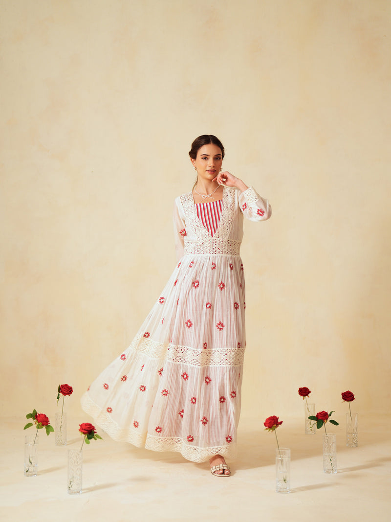 RED AND OFF-WHITE COTTON CHANDERI V-NECK TIERED LONG DRESS