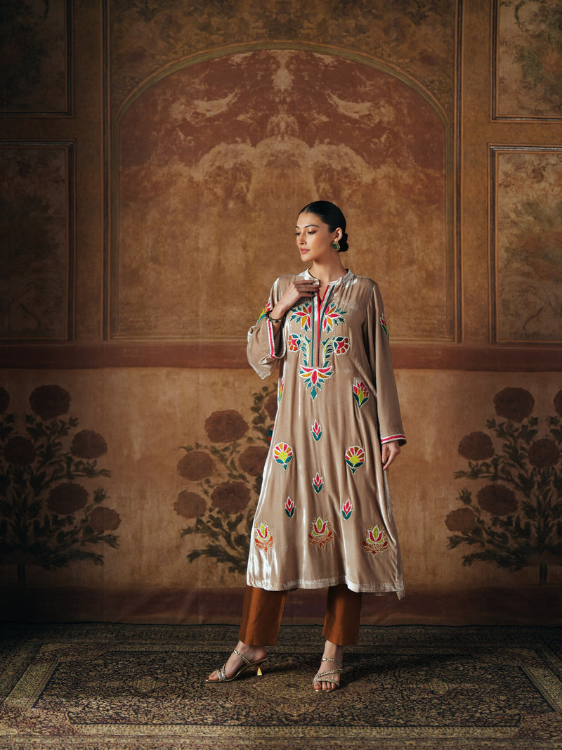LIGHT SAND STRAIGHT VELVET KURTA WITH PANT AND DUPATTA