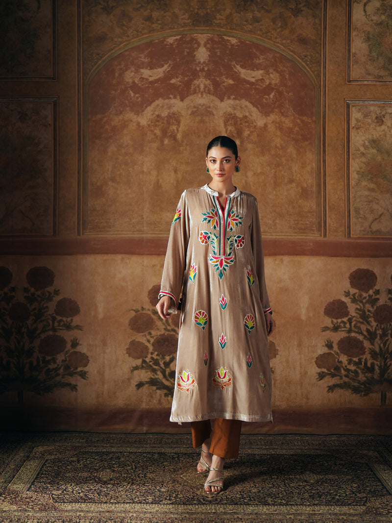 LIGHT SAND STRAIGHT VELVET KURTA WITH PANT AND DUPATTA