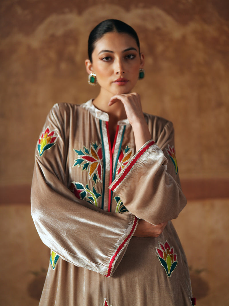 LIGHT SAND STRAIGHT VELVET KURTA WITH PANT AND DUPATTA